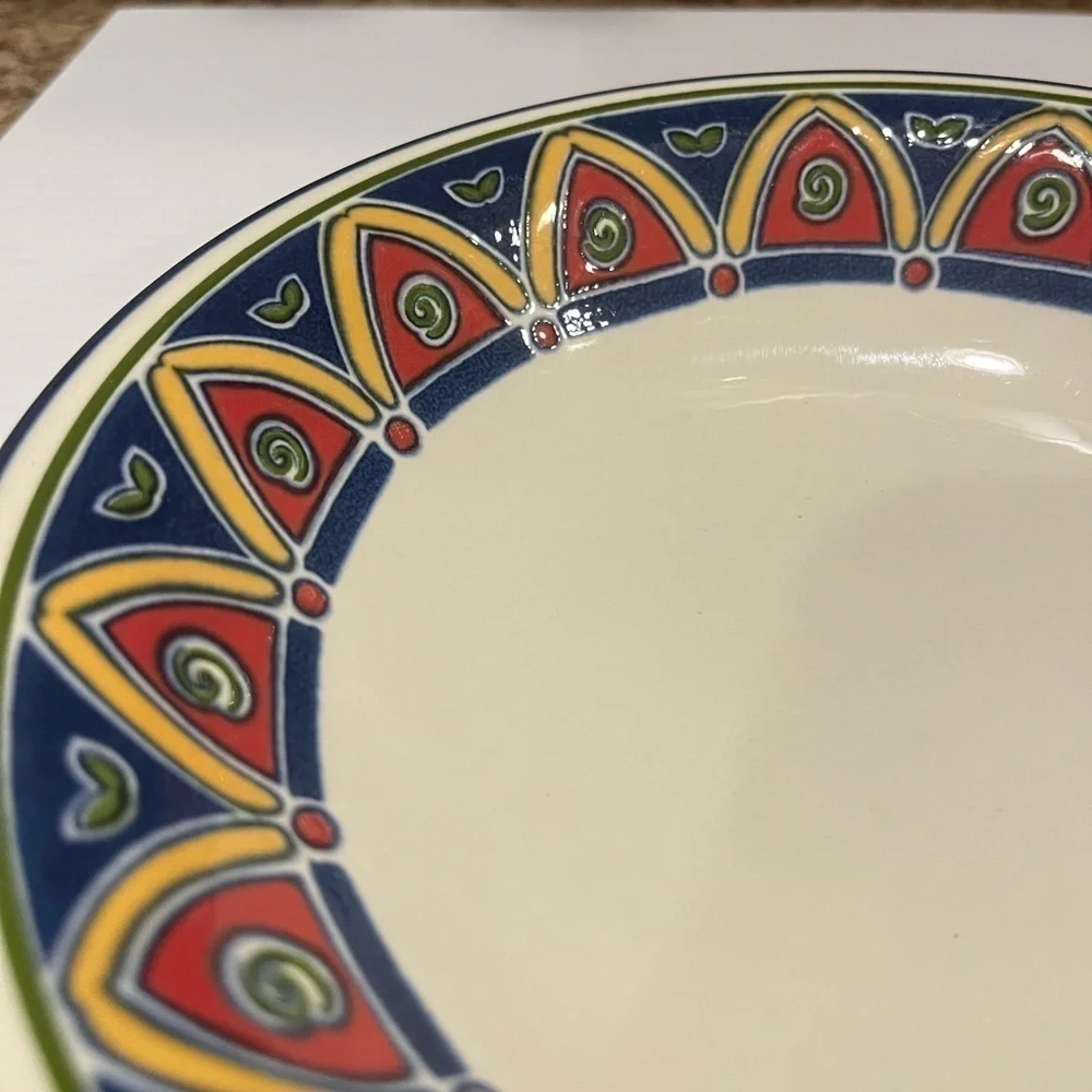 Pier 1 Bowl Red, Blue. Yellow Geometric Pattern 8 1/4 inches